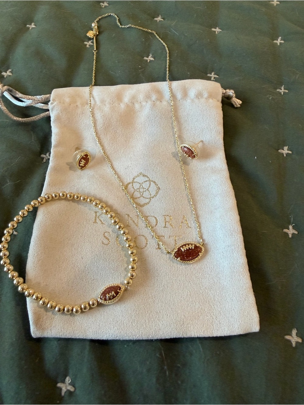 Kendra Scott Gold football Necklace, Bracelet & Stud Set